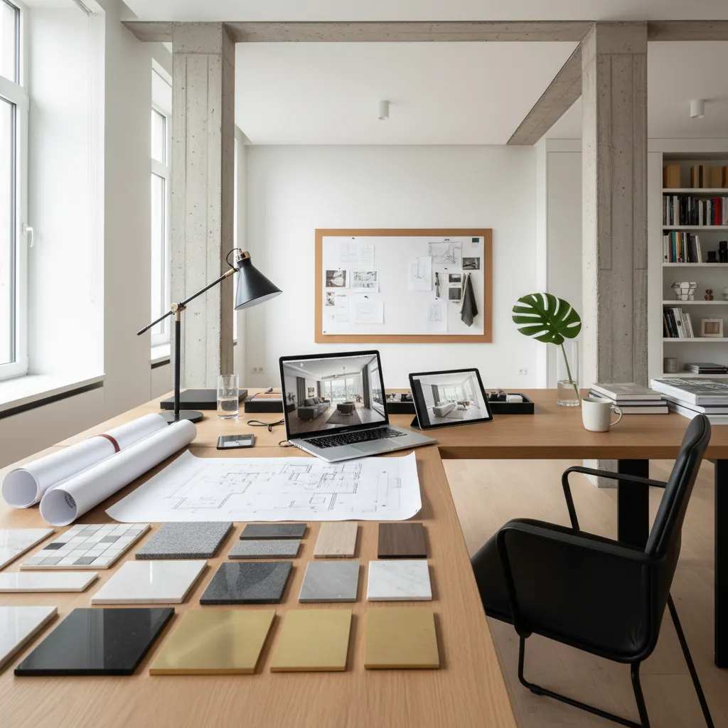 Diseñador de interiores revisando planos y materiales en una mesa de trabajo