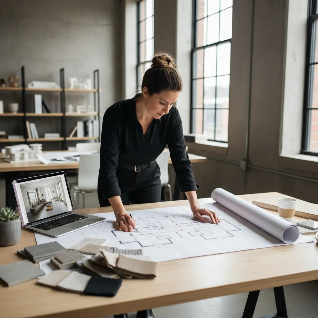Interior designer working on room layout drawing with laptop showing interior design drawing and samples