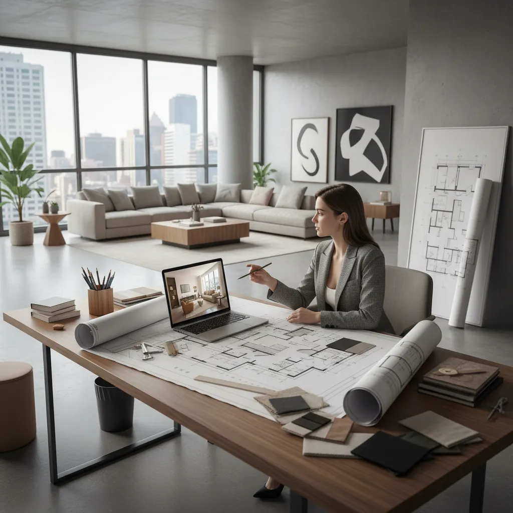 Diseñador analizando la distribución de un salón en planos y modelo 3D