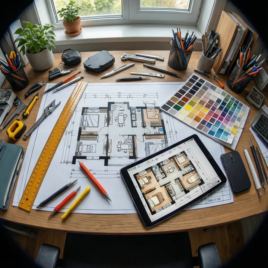 Mesa de trabajo con planos de distribución y herramientas de diseño
