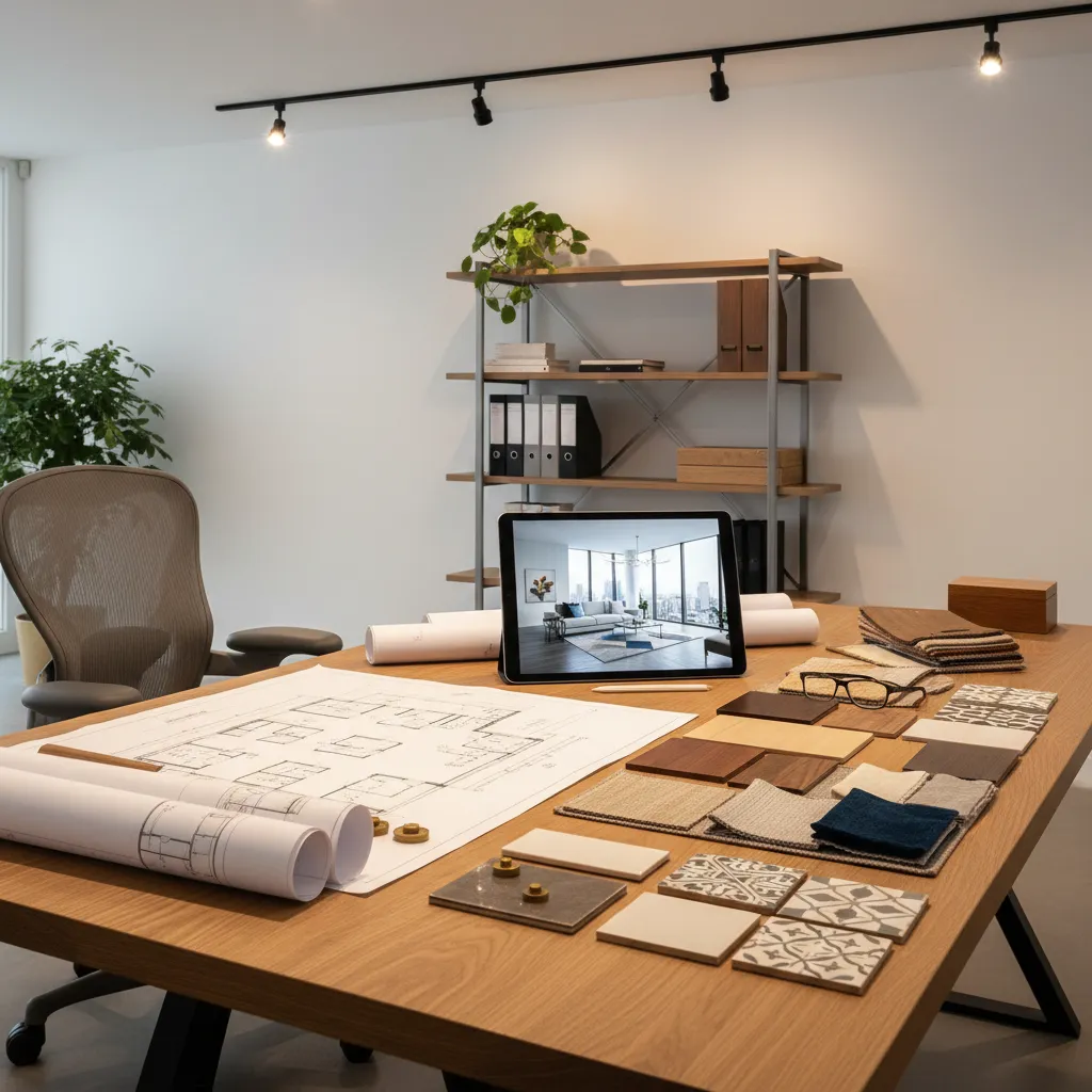 Mesa de trabajo con planos de interiorismo, muestras de materiales y tablet con render 3D
