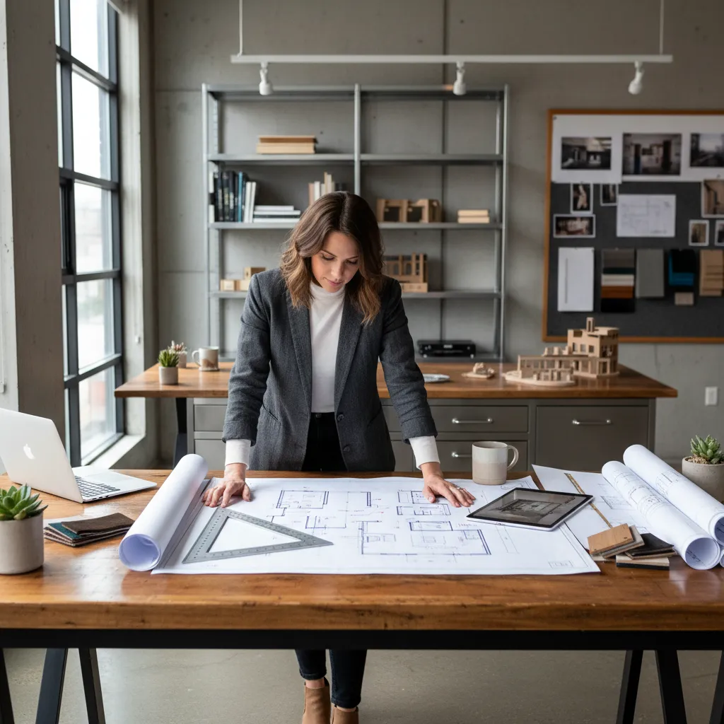 Diseñador revisando plano de distribución de una sala