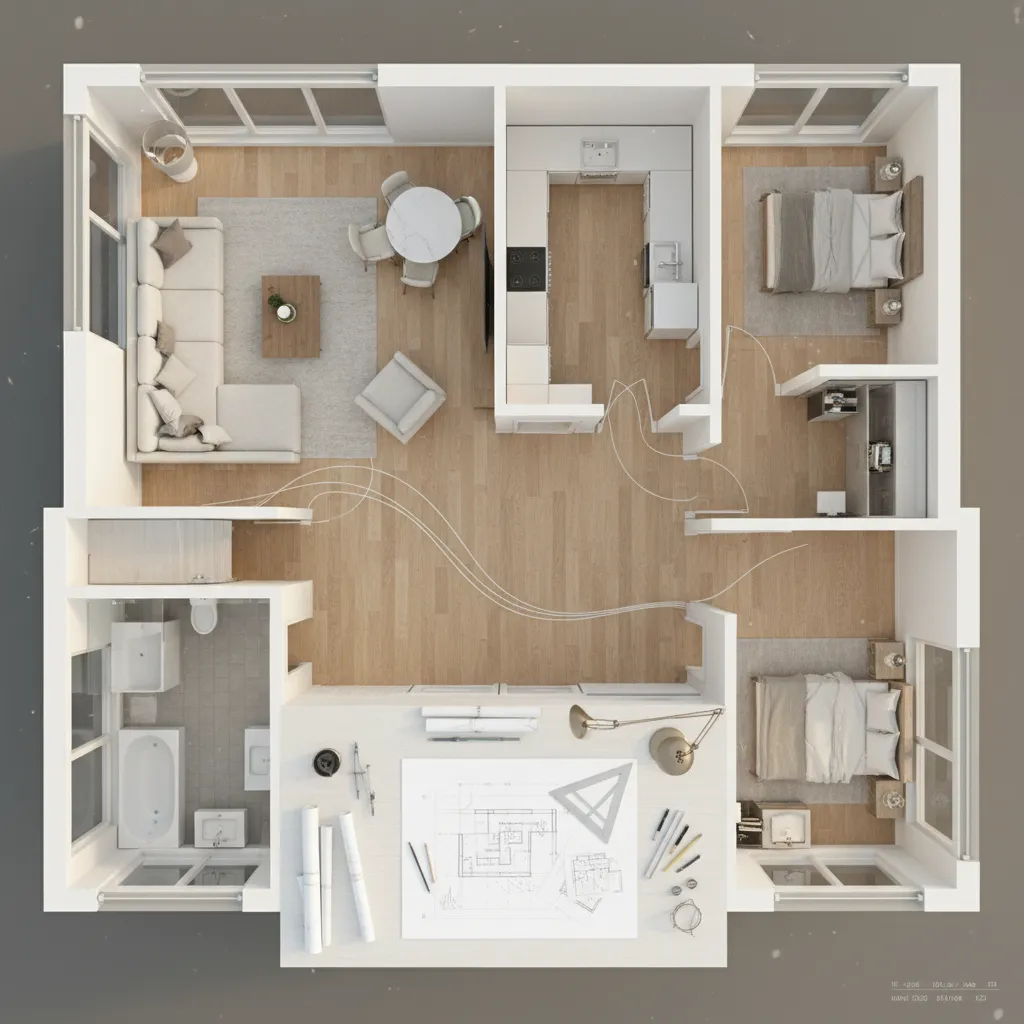 Plano de distribución de interior con muebles y zonas de circulación marcadas