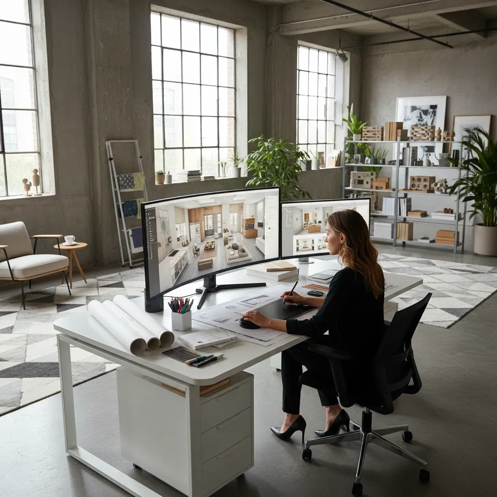 Diseñador planificando distribución de sala en software 3D