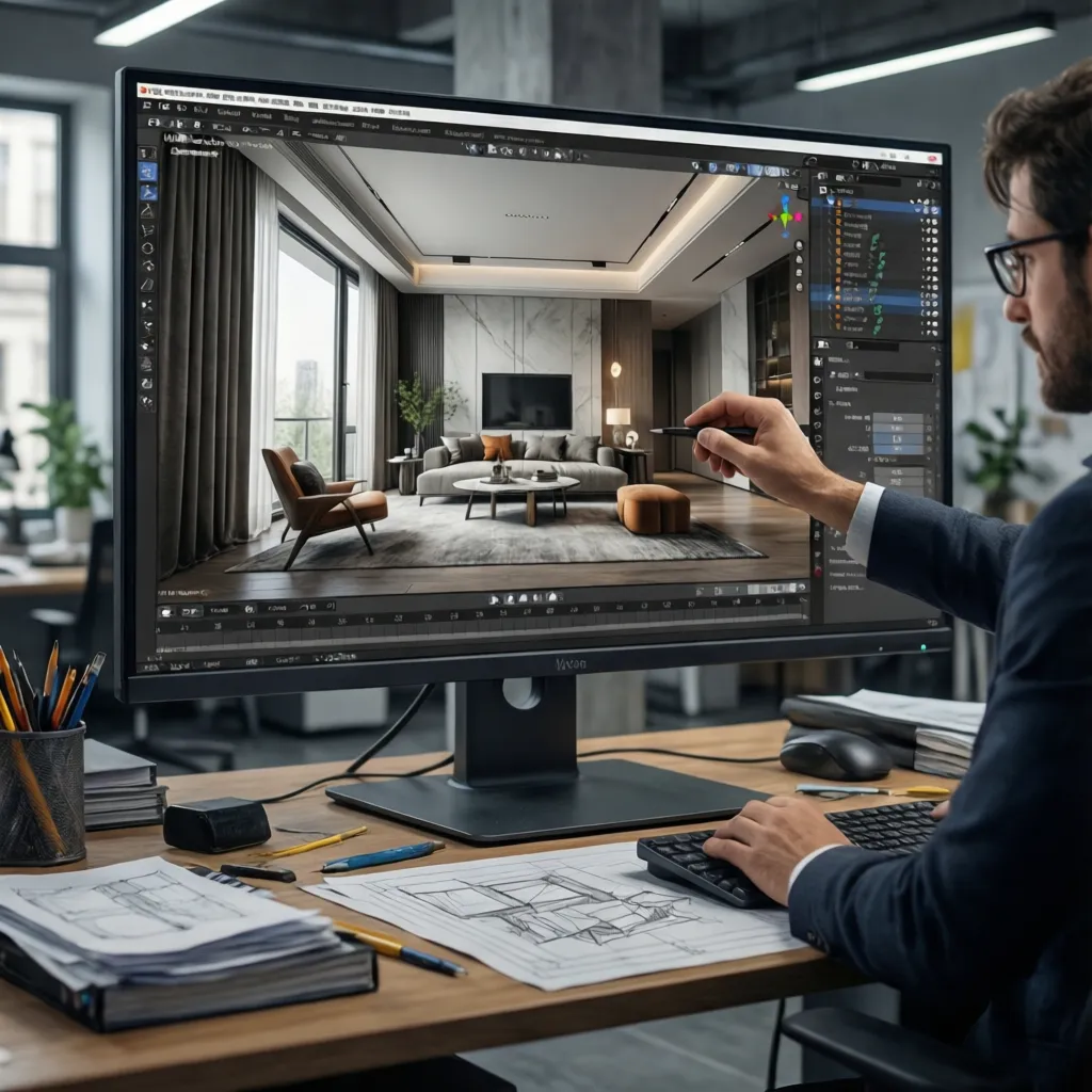 Professional designer using interior design software to create a modern living room on computer screen