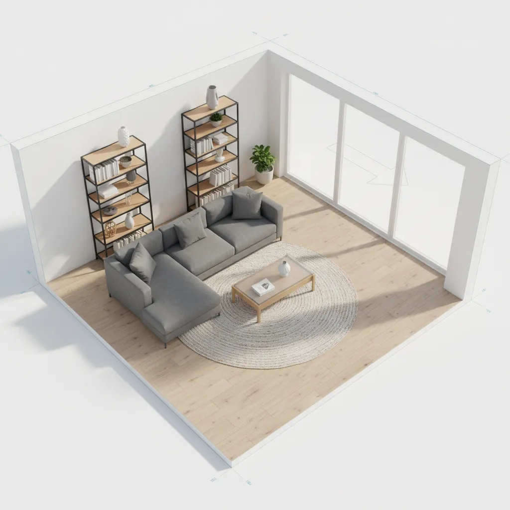 Plano digital de una sala con muebles colocados en vista 3D