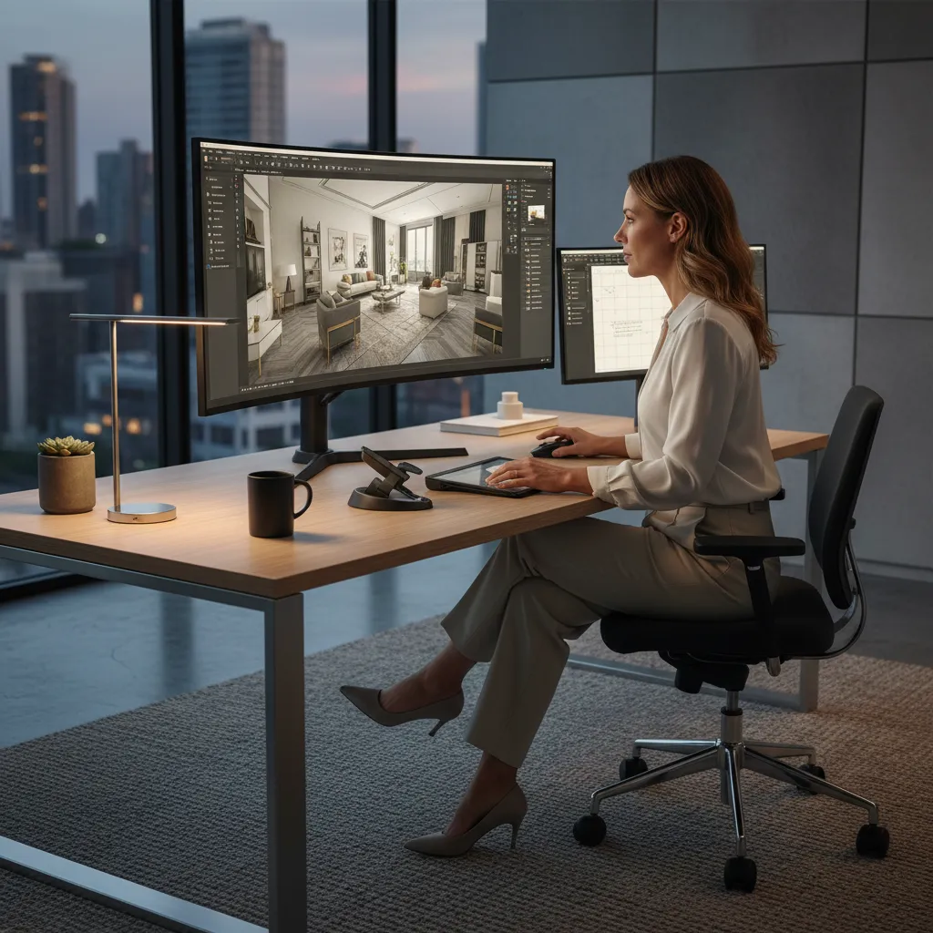 Pantalla mostrando un diseño de interior en 3D para planificar mobiliario