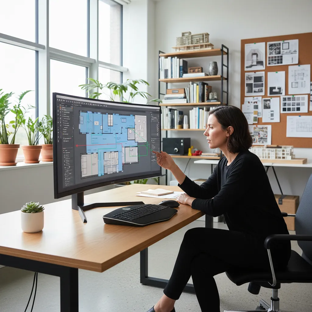 Diseñador revisando un plano digital de distribución interior en una pantalla grande