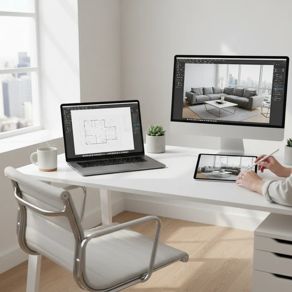 Diseñador planificando un espacio interior con herramientas digitales