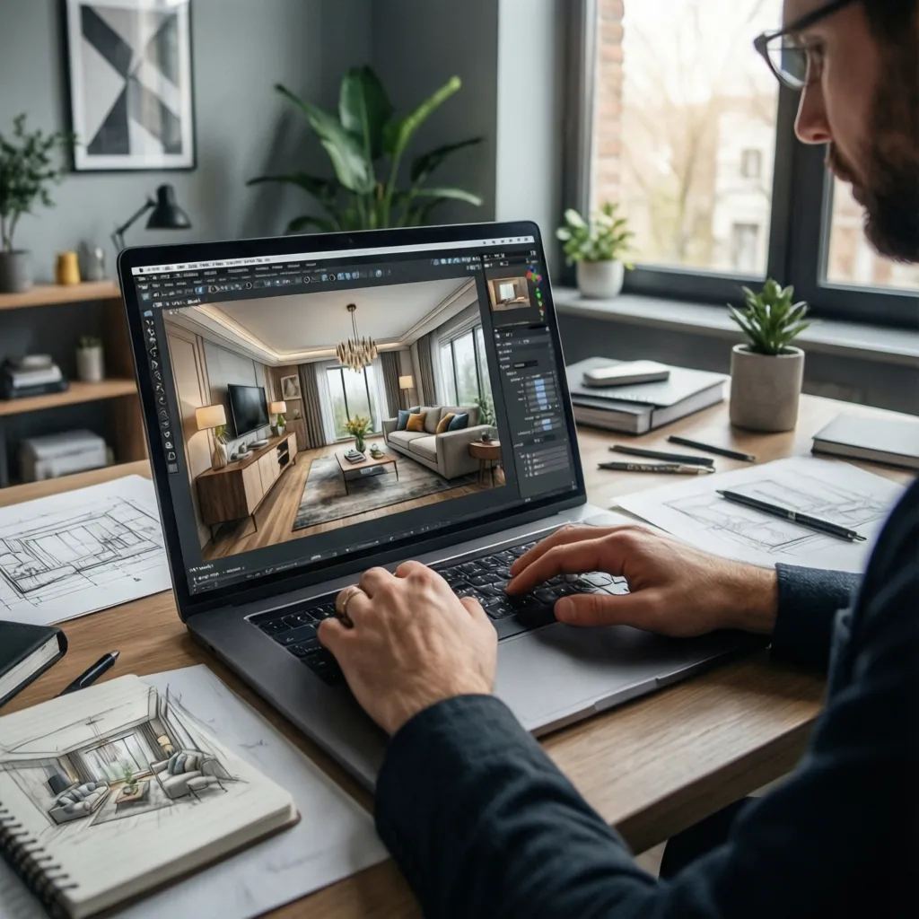 Diseñador trabajando en planificación digital de una habitación