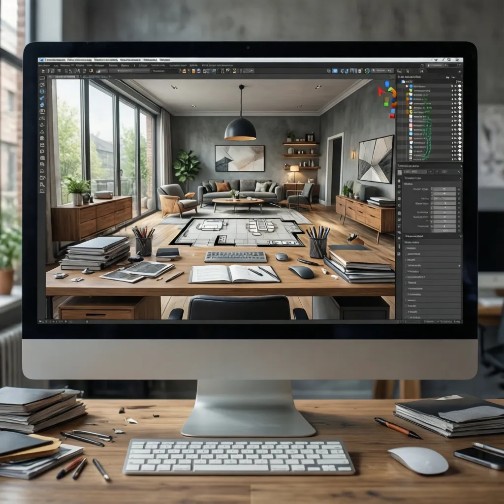 Pantalla de ordenador mostrando un plano digital de una vivienda para planificar decoración