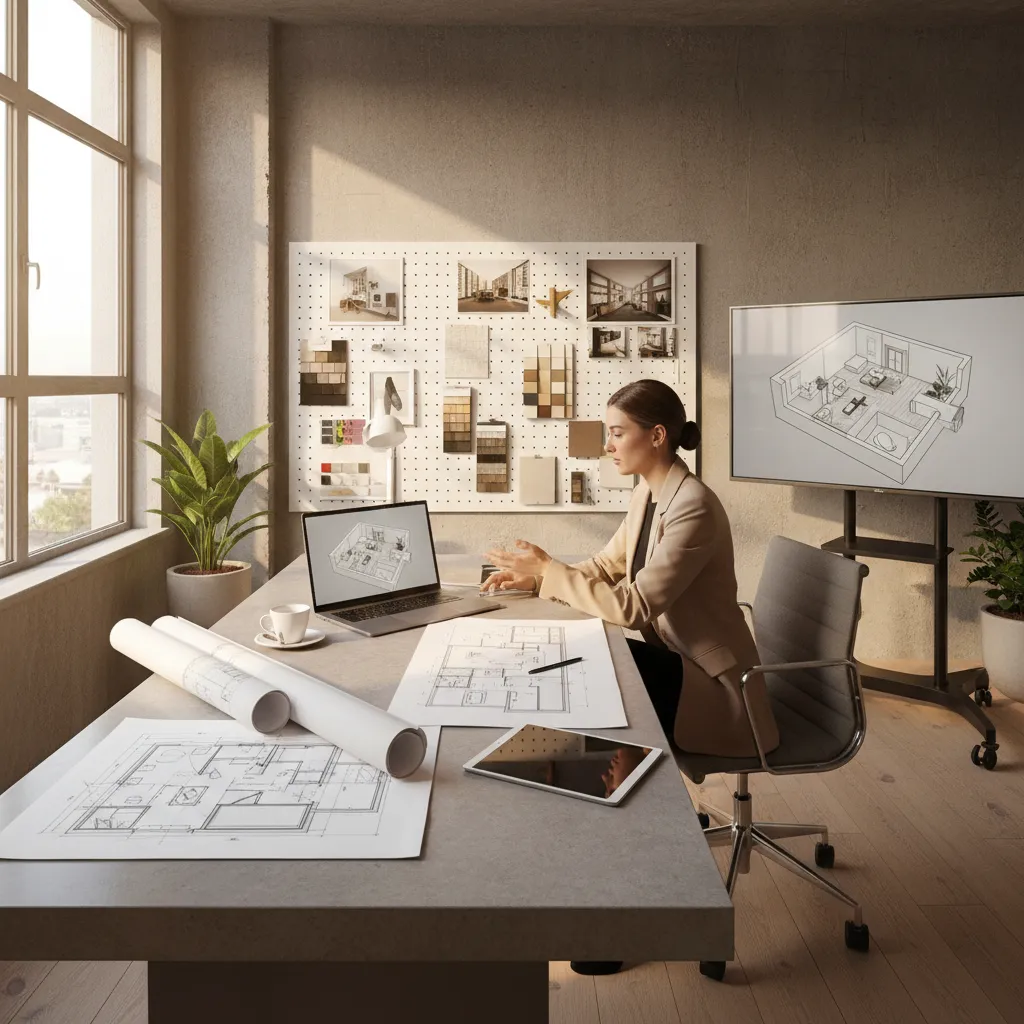 Diseñador de interiores trabajando con planos y distribución del espacio
