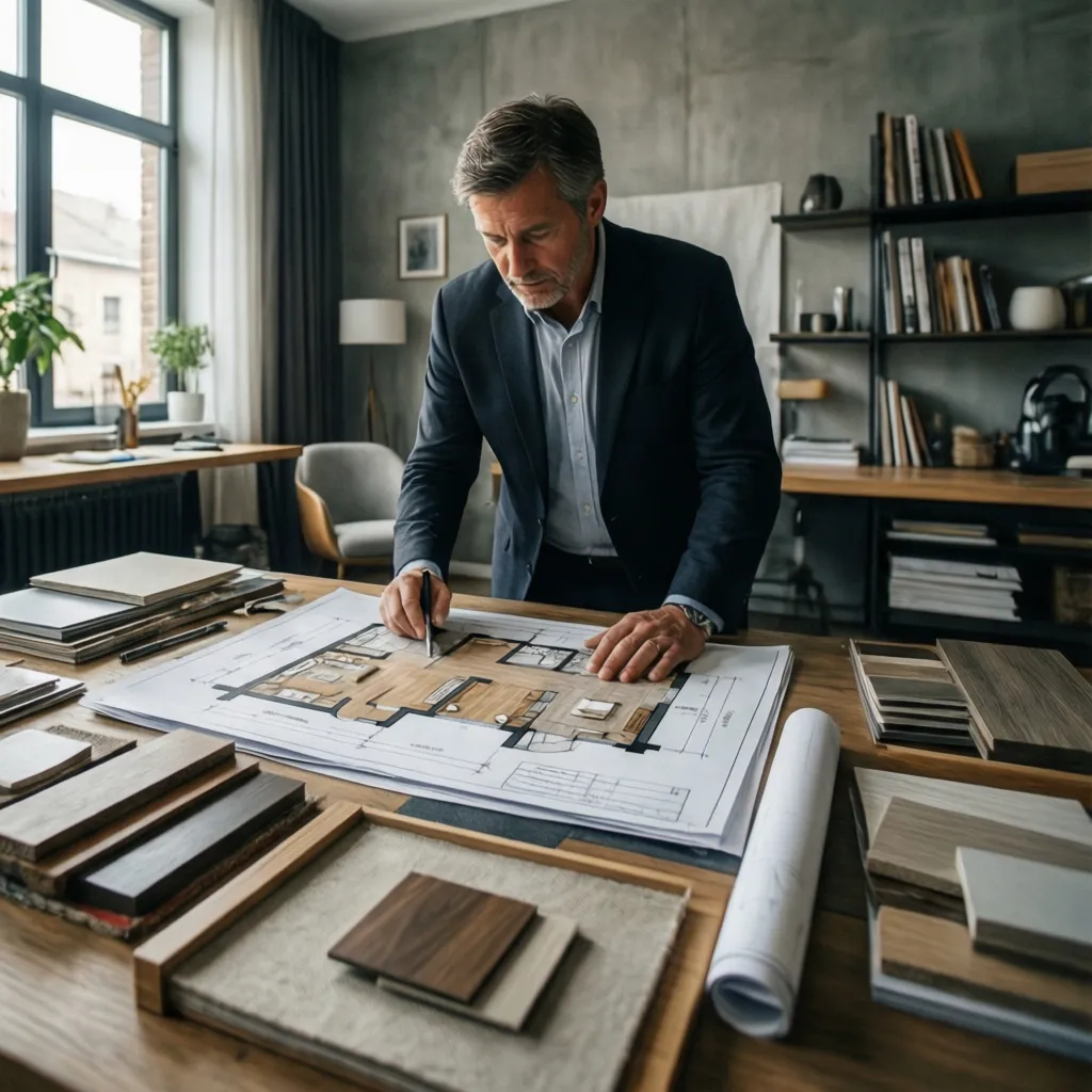 Diseñador de interiores revisando planos y materiales de proyecto