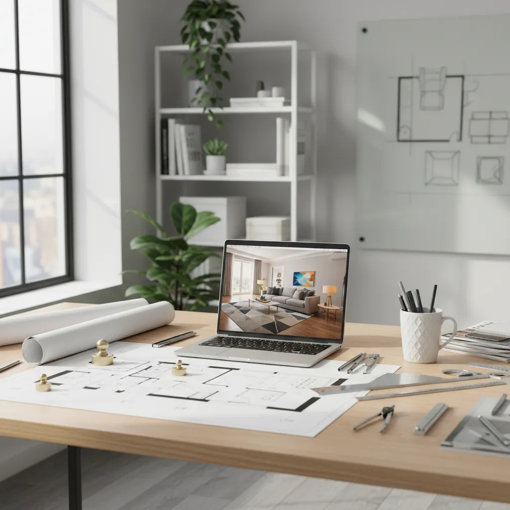 Diseñador analizando planos de una vivienda para proyecto de interiorismo