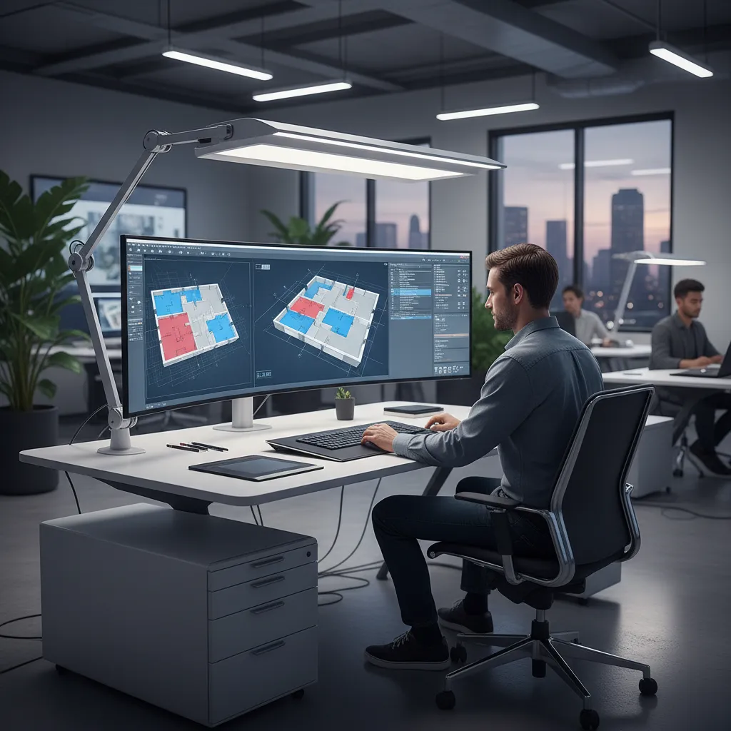 Pantalla mostrando planificación digital de una oficina en 3D