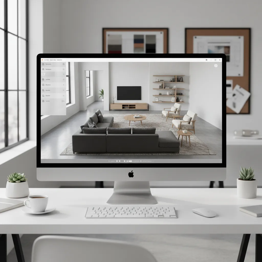 Coohom interior design drawing showing modern living room with grey sofa and wooden storage shelf units