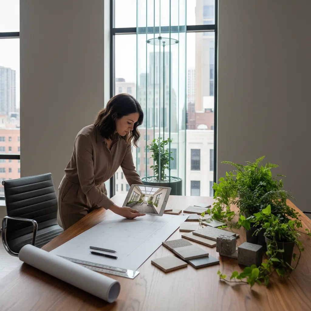 Diseño planificado de un patio interior con distribución de plantas y materiales