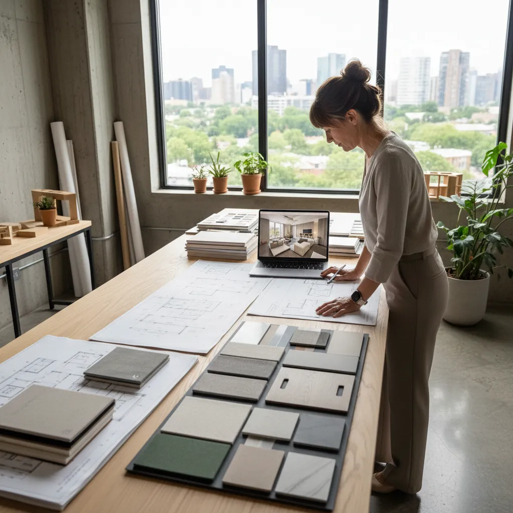 Diseñador revisando planos y estimaciones de coste en una mesa de trabajo
