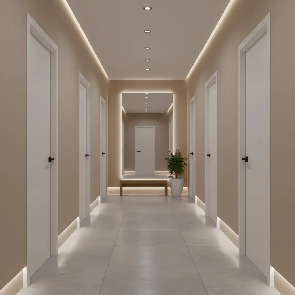 Visualización de diseño interior con varias puertas en un pasillo moderno