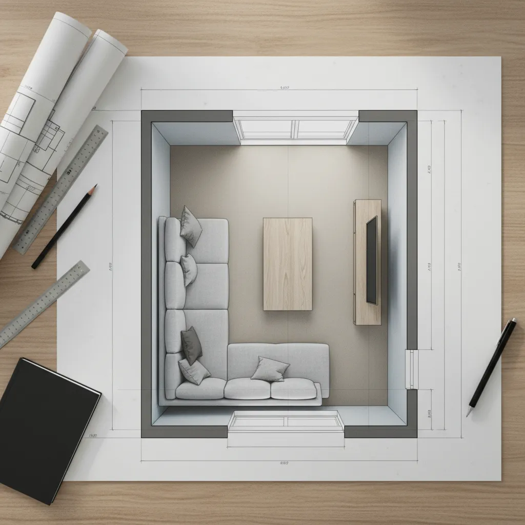 Top view interior design drawing showing living room layout with sofa, table, and TV cabinet