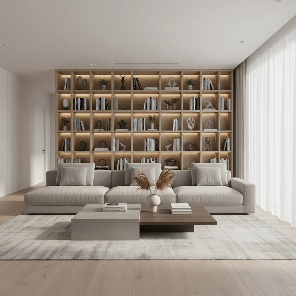 Diseño de un salón en 3D con sofá, mesa y estanterías