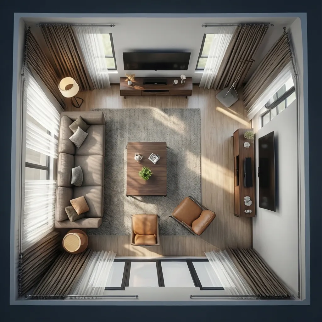 Plano digital de un salón con muebles colocados en un diseño 3D