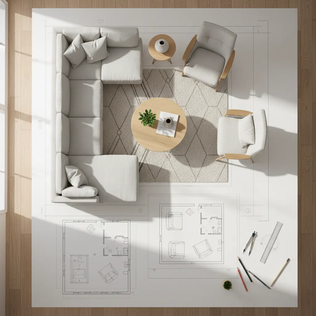 Plano de distribución de salón con zonas de muebles bien organizadas