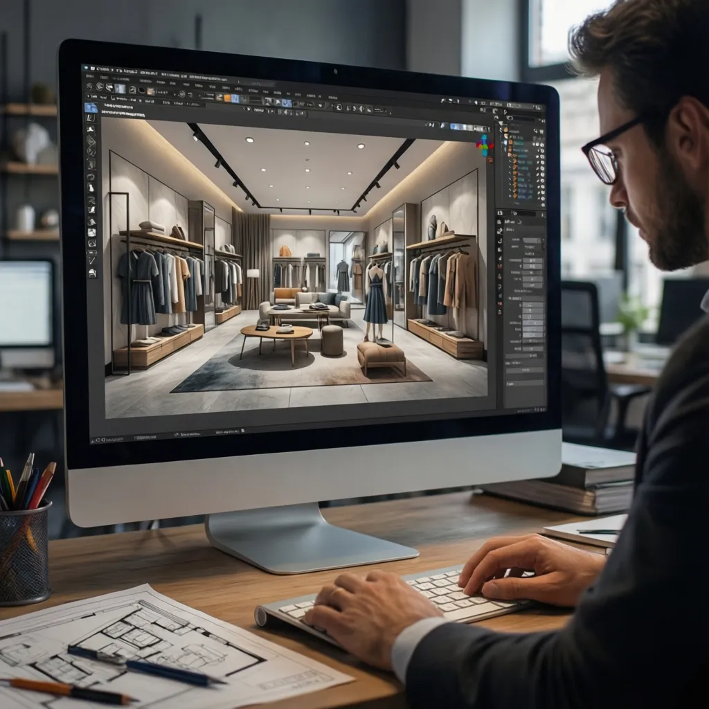 Diseñador trabajando en planificación de tienda de ropa en 3D