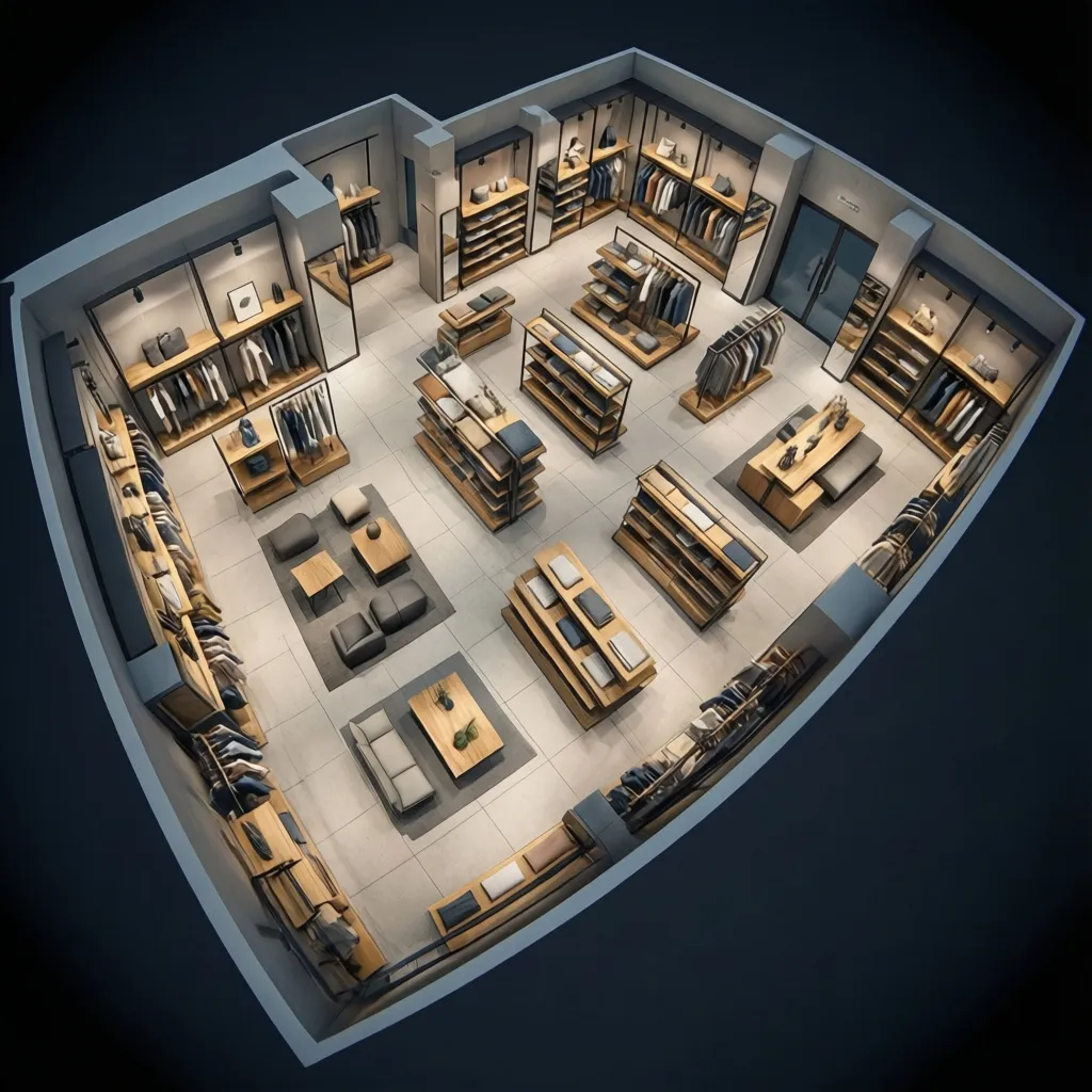 3D interior design drawing of a clothing store with wooden shelves racks and tiled floor