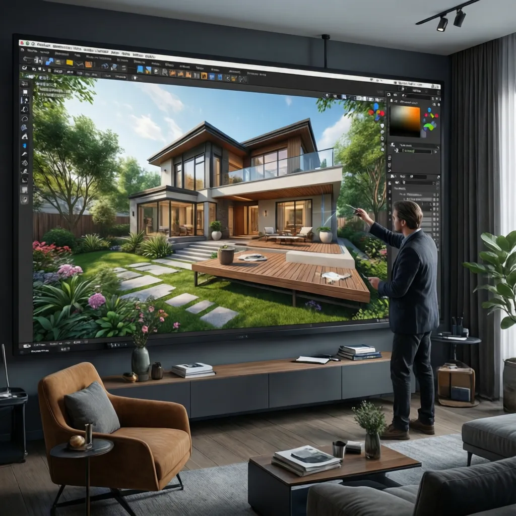 Diseñador trabajando con modelo 3D de casa y jardín