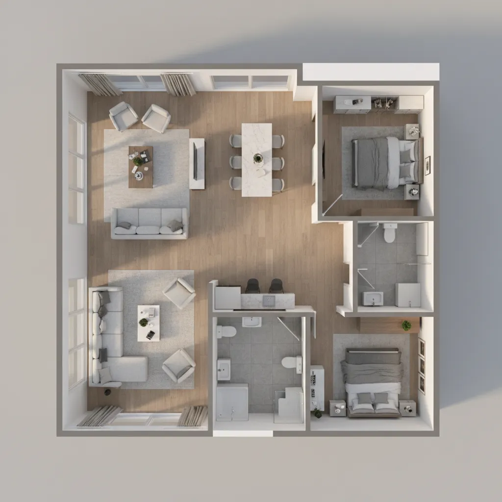 Visualización 3D de un plano de interior con muebles organizados