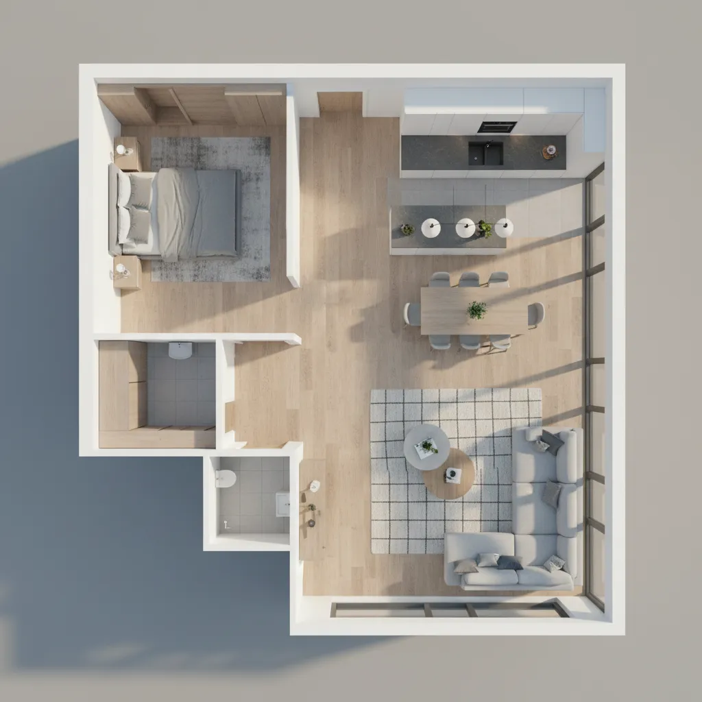 Top down 3D room layout including a bedroom kitchen dining area and grey living room
