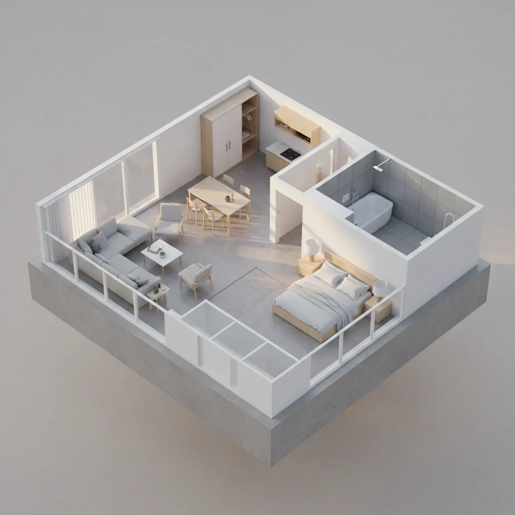 Modelo 3D de distribución interior de un apartamento moderno
