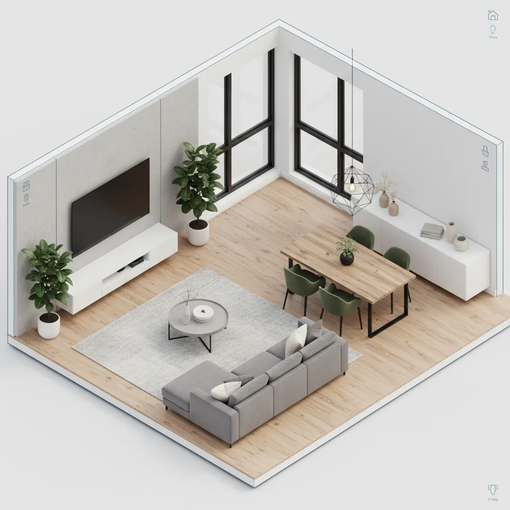 Plano 3D de distribución de muebles en un departamento