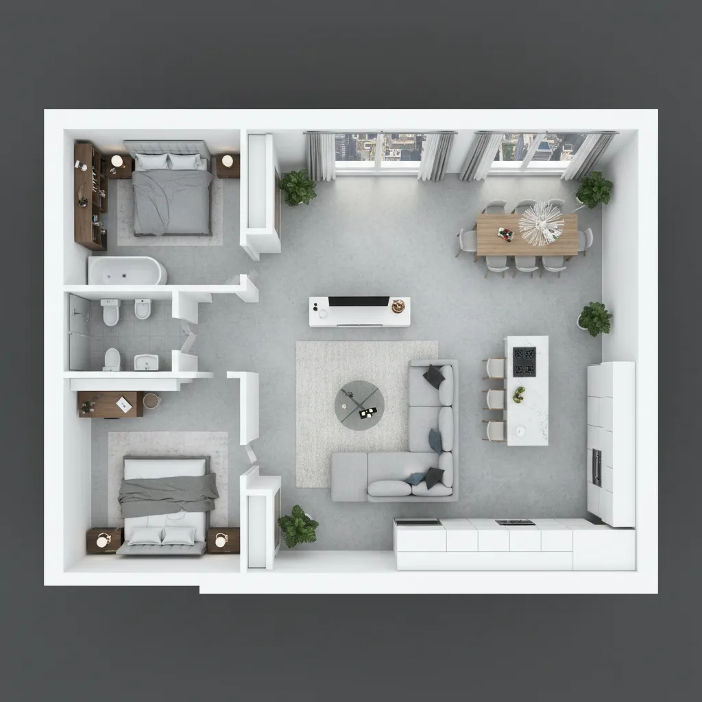 Visualización 3D de plano de vivienda mostrando distribución de habitaciones