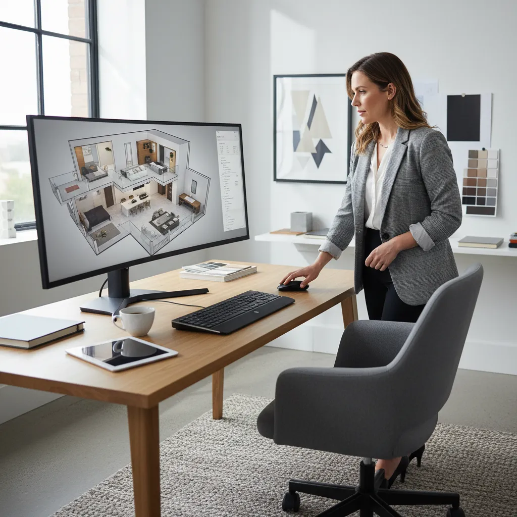 Diseñador revisando distribución de habitaciones en un modelo de casa 3D