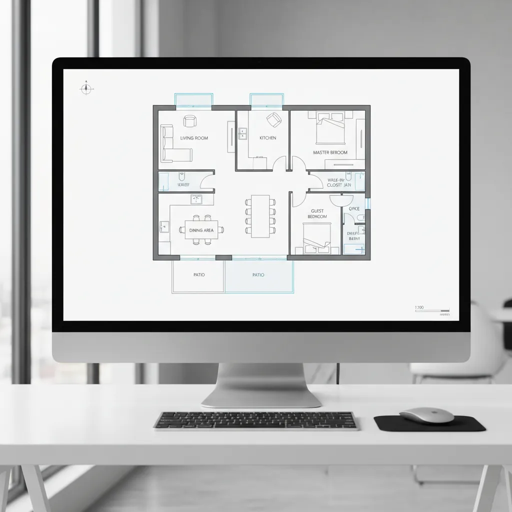 Plano digital de distribución de habitaciones en una casa