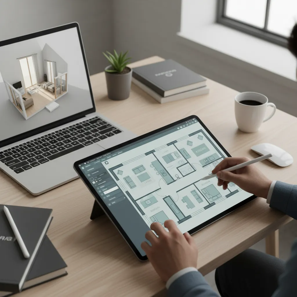persona organizando distribución de habitaciones en plano digital