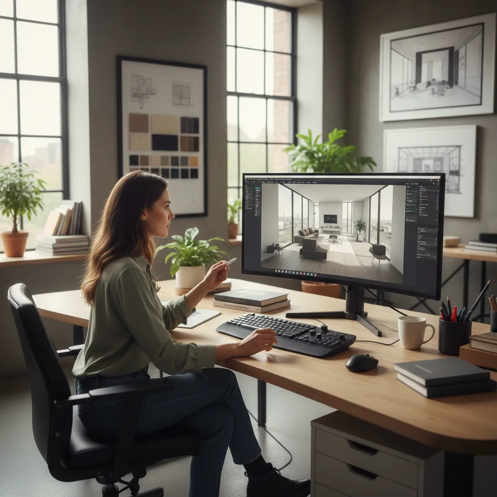 Diseñador revisando distribución interior en una pantalla 3D