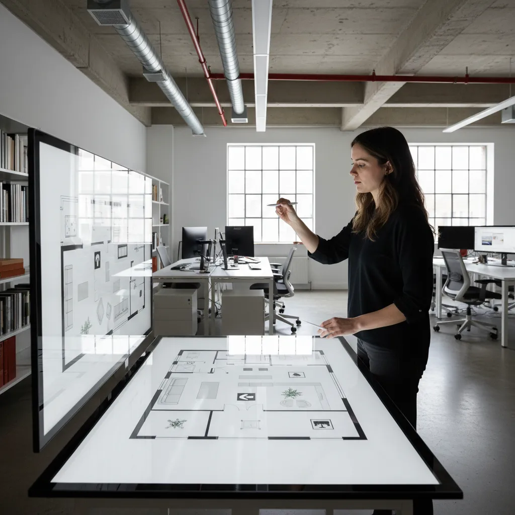 Coohom floor plan editor shown on large digital screen in modern office with large windows