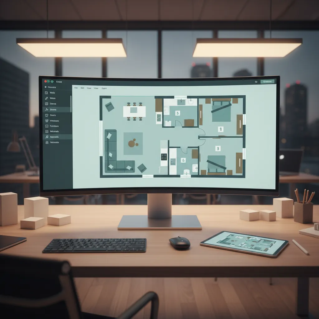 Computer monitor on wooden desk displaying apartment floor plan software with kitchen and living room
