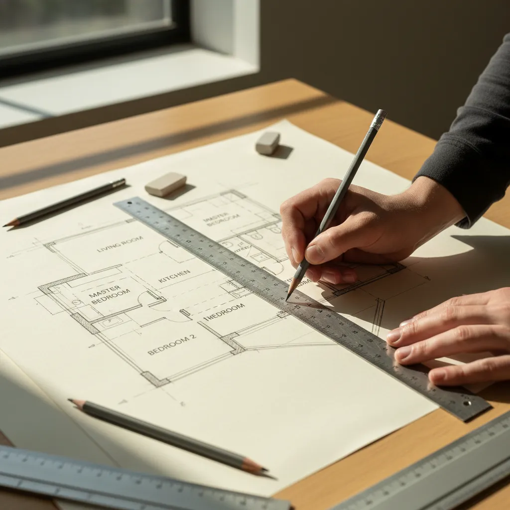 Boceto inicial de distribución de vivienda con zonas marcadas