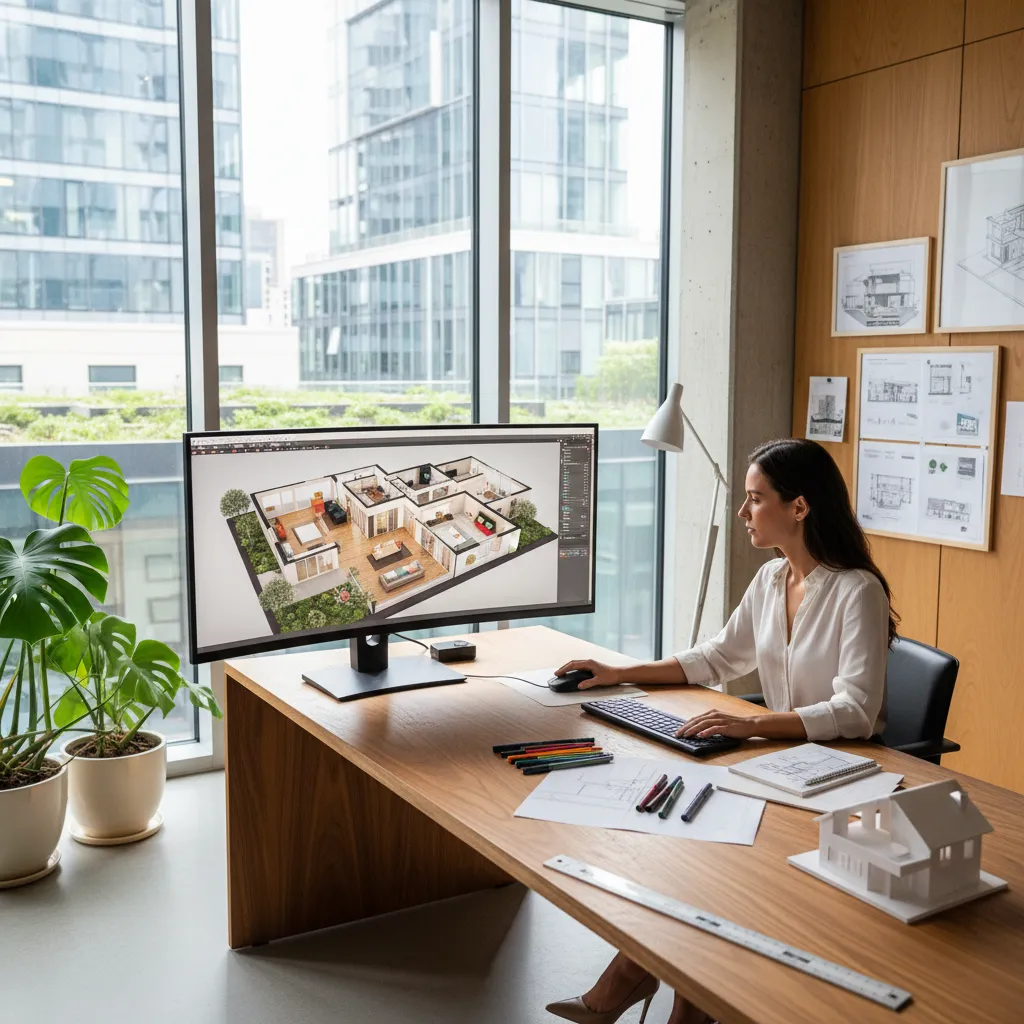 Designer working at wooden desk with large monitor showing interior design drawing in bright office