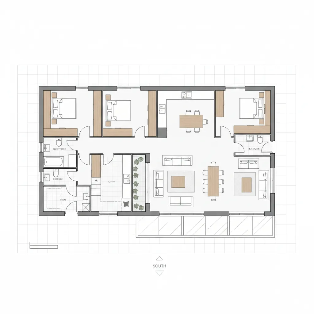 Plano de vivienda moderna optimizando orientación y distribución interior