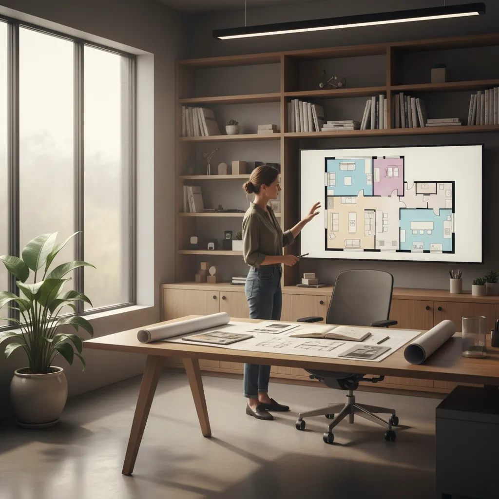 Diseñador analizando la distribución de habitaciones en un plano digital