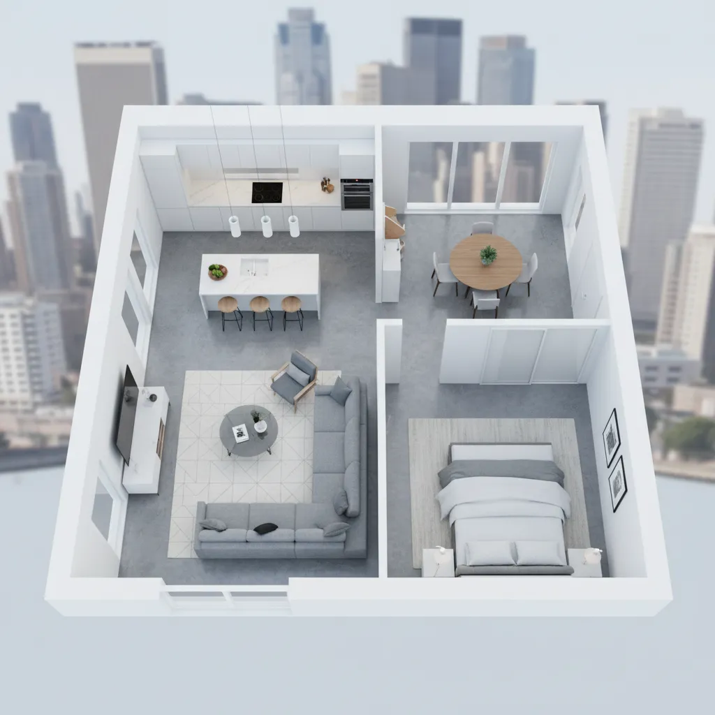 Plano 3D de una vivienda mostrando distribución de habitaciones y muebles