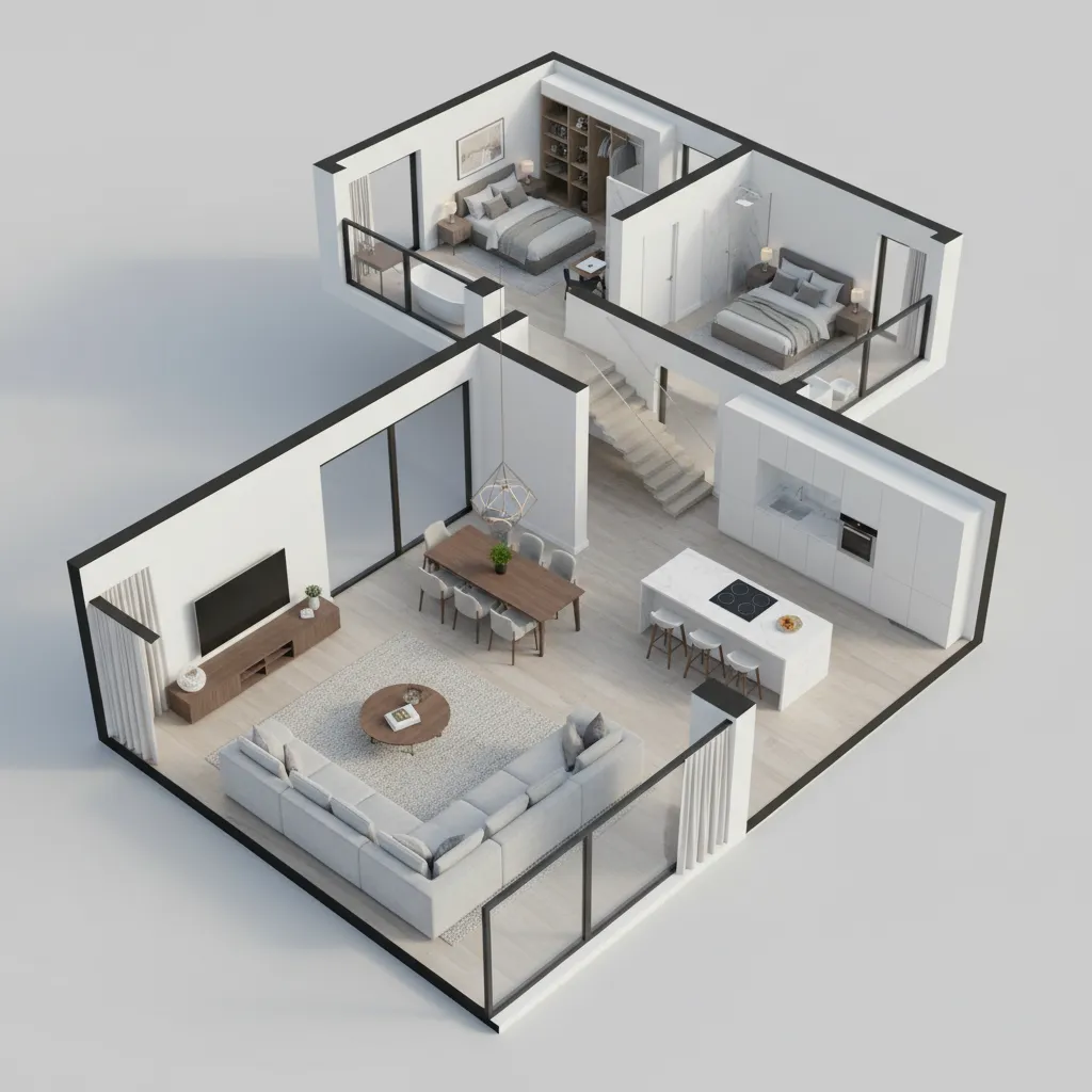 Plano 3D de distribución de una casa