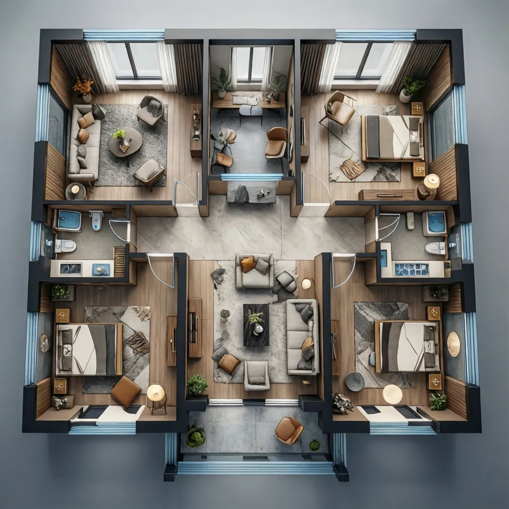 Visualización 3D de distribución interior de una vivienda