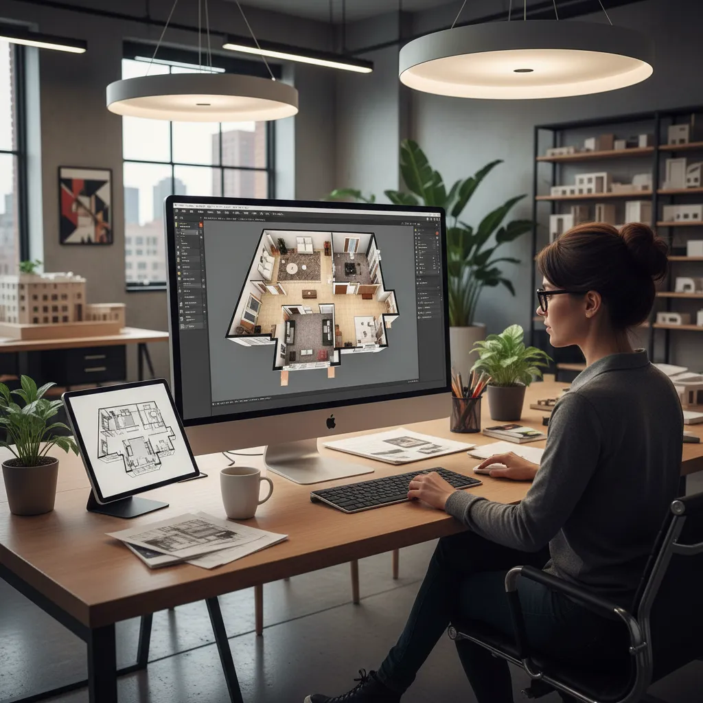 Pantalla con software de planificación de distribución interior en 3D