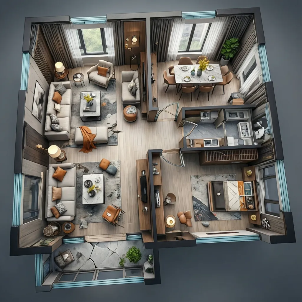 Interior design drawing showing a three bedroom apartment layout with furniture and a small balcony